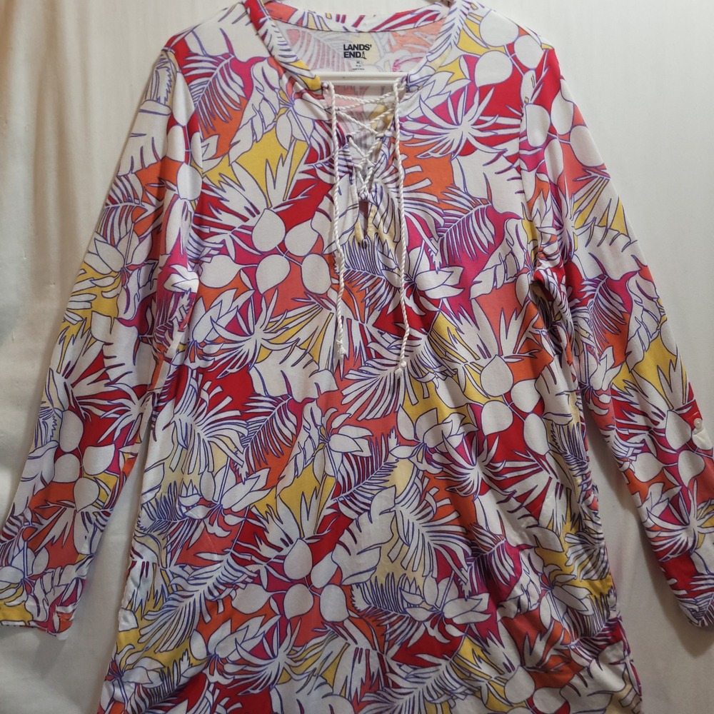 Lands End Womens M 10-12 Tropical Floral Cotton Lace Up Roll Tab Tunic Top Pink